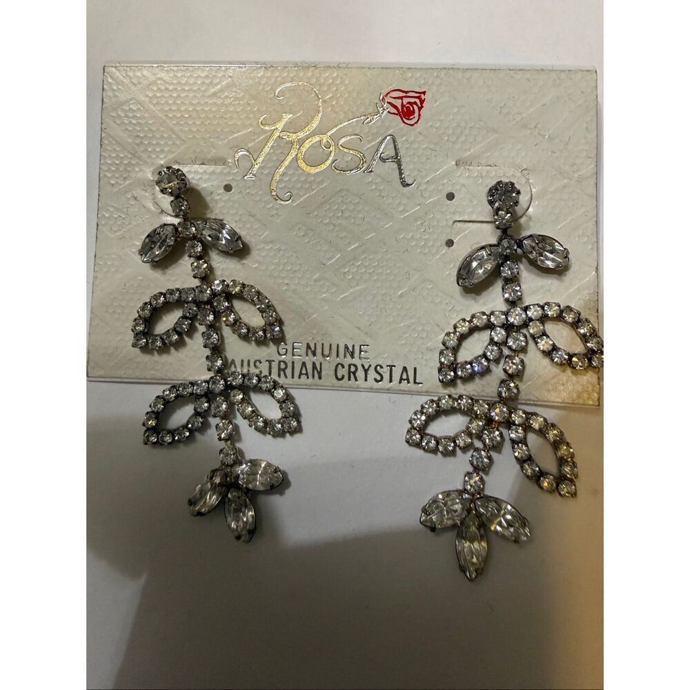 Rosa Genuine Austrian Crystal Leaf Silvertone Dangle Drop Earrings NWT